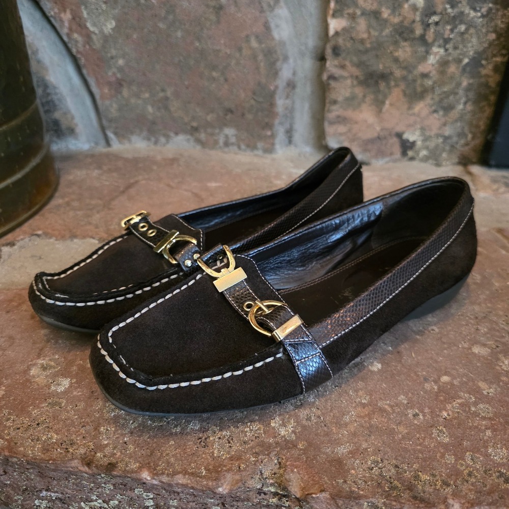 Etienne Aigner Brown Suede Loafers Gold Buckle Snakeskin Trim 9M